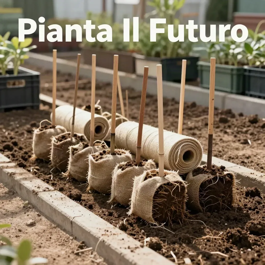 Mazzo di dieci giovani alberi pronti alla posa su terra compatta, con zolle, tutori e pacciamatura.