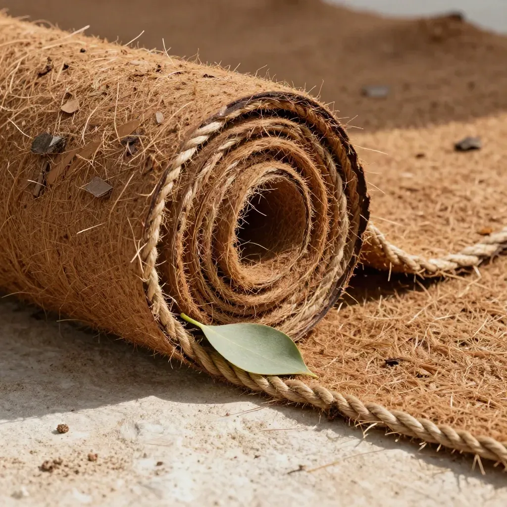 Macro di telo pacciamante in cocco srotolato, con fibre grezze, corteccia e una foglia fresca.