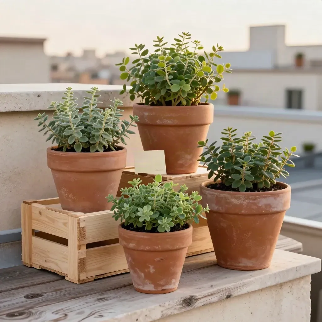 Sei vasi da terrazzo in terracotta con piante robuste e una cassetta di legno.