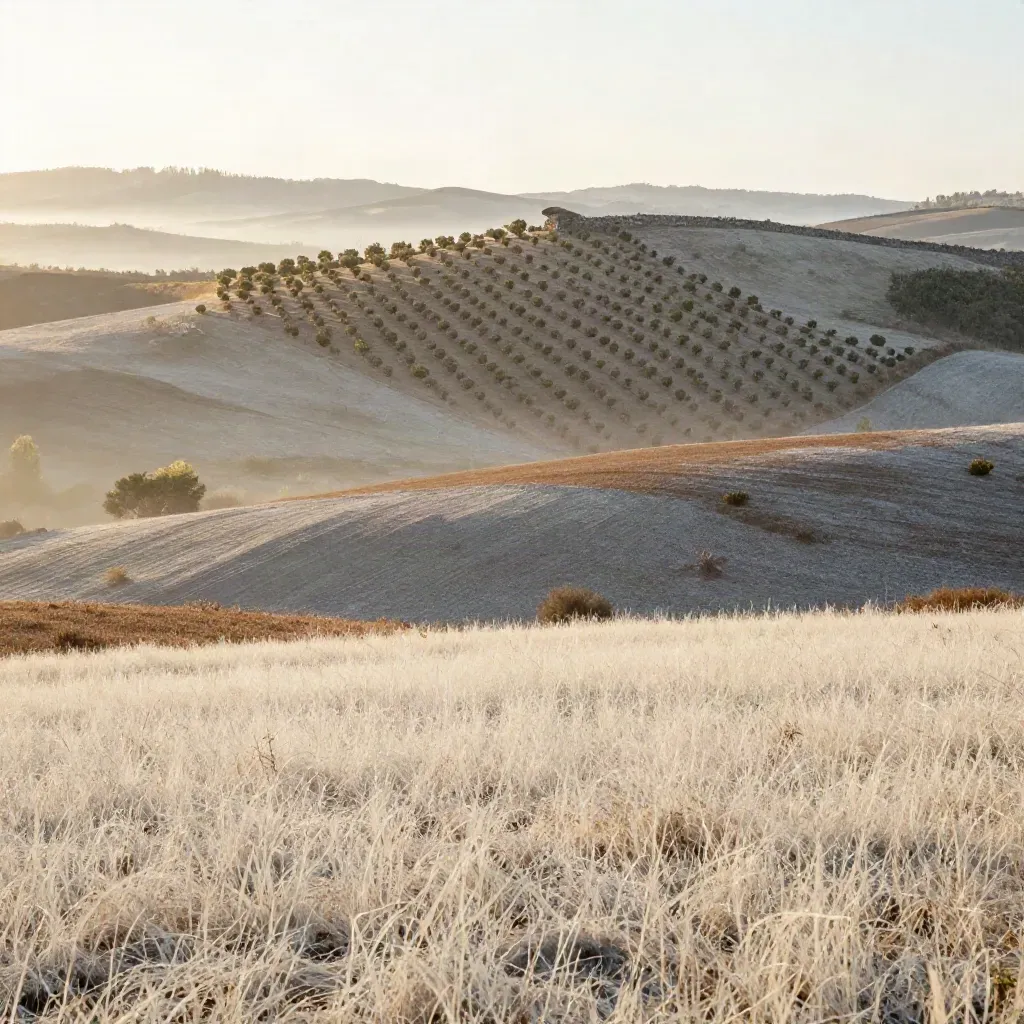 Paesaggio collinare all’alba con filari di arbusti, muretto di pietra e prato velato di bruma.